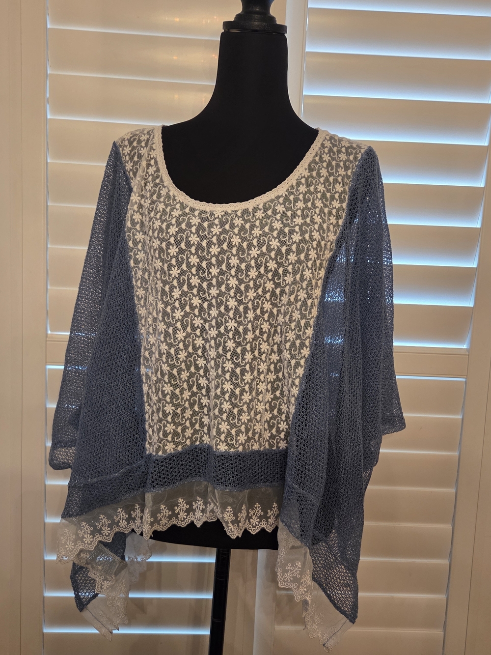 Merchant Blue Crochet Lace Overlay Top with White Floral Lace Oversized